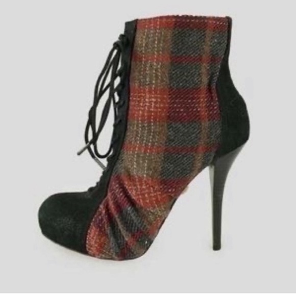 L.A.M.B. Shoes - L.A.M.B. Blazon Plaid Lace Up Suede Bootie Heels 7.5